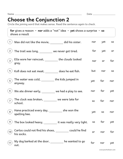 Preview of the printable “Choose the conjunction 2” worksheet: choosing for, nor, yet, and so to fit the meaning of a sentence