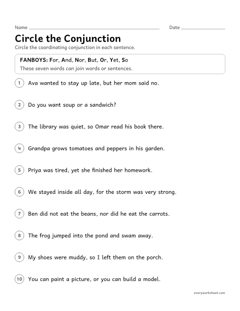 Preview of the printable “Circle the conjunction” worksheet: finding coordinating conjunctions in sentences
