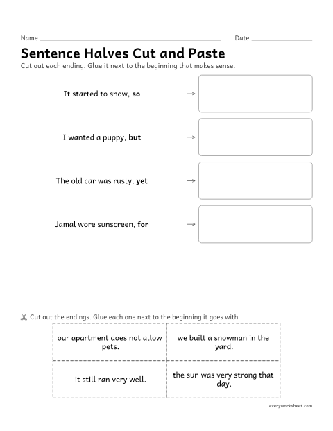 Preview of the printable “Sentence halves cut and paste” worksheet: matching sentence halves joined by coordinating conjunctions (cut and paste)