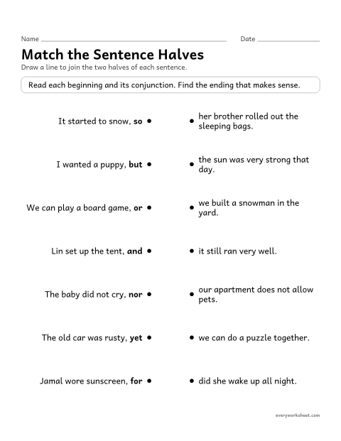 Preview of the printable “Match the sentence halves” worksheet: matching sentence halves joined by coordinating conjunctions