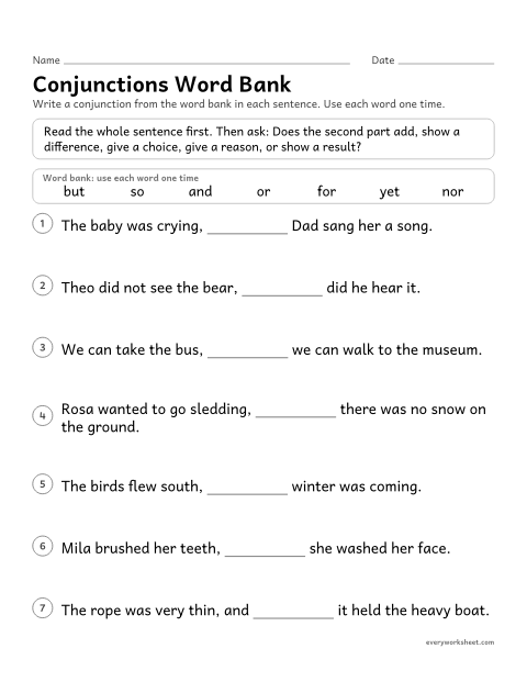 Preview of the printable “Conjunctions word bank” worksheet: completing sentences with the seven coordinating conjunctions
