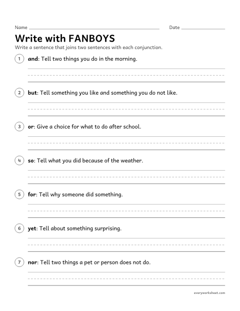 Preview of the printable “Write with FANBOYS” worksheet: writing compound sentences with each coordinating conjunction