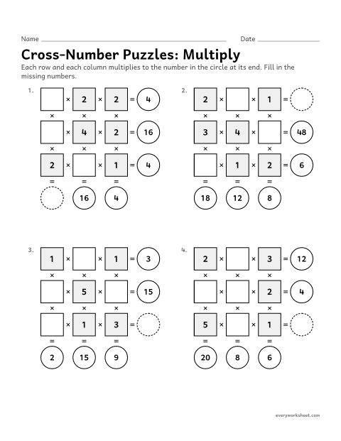 Preview of the printable “Cross-Number Puzzles: multiply” worksheet: multiplying and dividing across and down to complete cross-number puzzles