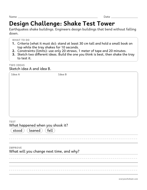 Preview of the printable “Design Challenge: Earthquake-Safe tower” worksheet: defining a design problem with criteria and constraints and comparing solutions for a natural hazard