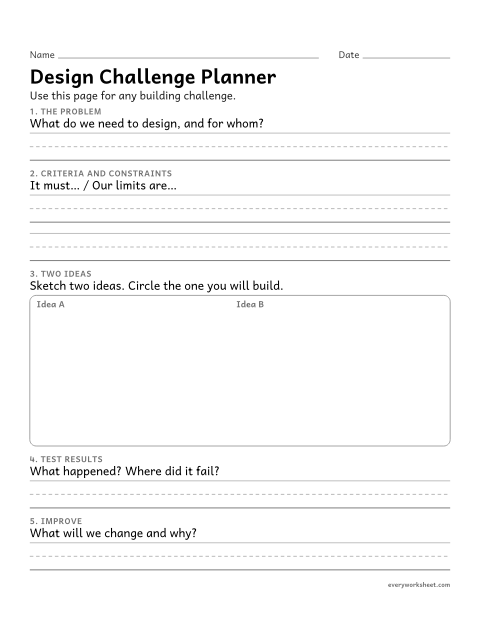 Preview of the printable “Engineering design challenge planner (Blank)” worksheet: planning, testing and improving a design for any challenge