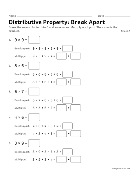 Preview of the printable “Distributive Property: break Apart, sheet A” worksheet: using the distributive property to multiply