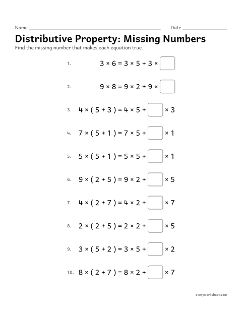 Preview of the printable “Distributive Property: missing numbers” worksheet: recognizing the distributive property