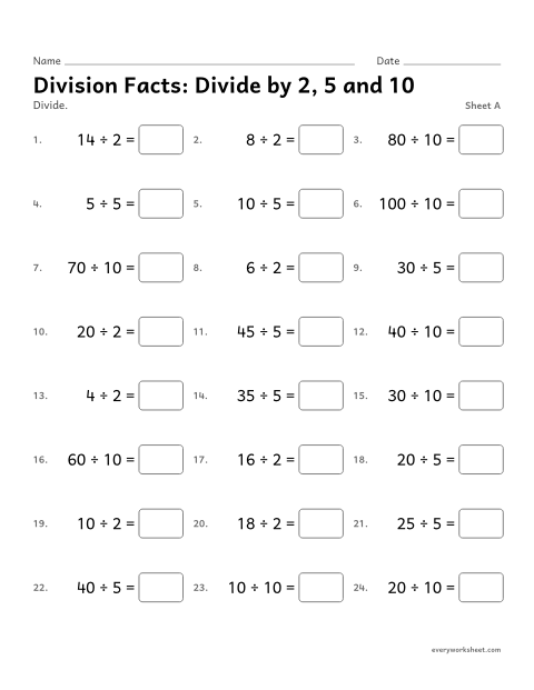 Preview of the printable “Division Facts: divide by 2, 5 and 10, sheet A” worksheet: dividing by 2, 5 and 10