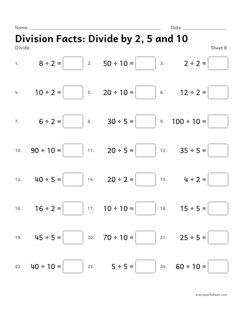 Preview of the printable “Division Facts: divide by 2, 5 and 10, sheet B” worksheet: dividing by 2, 5 and 10