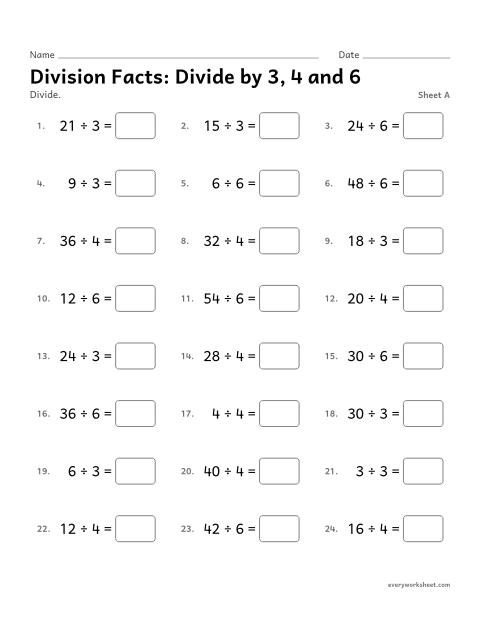 Preview of the printable “Division Facts: divide by 3, 4 and 6, sheet A” worksheet: dividing by 3, 4 and 6
