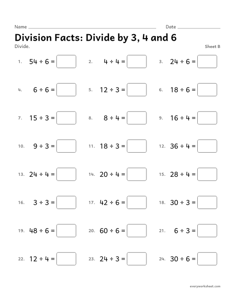 Preview of the printable “Division Facts: divide by 3, 4 and 6, sheet B” worksheet: dividing by 3, 4 and 6