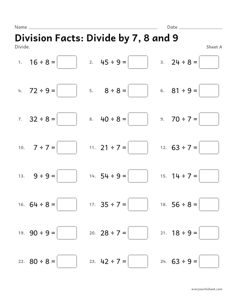 Preview of the printable “Division Facts: divide by 7, 8 and 9, sheet A” worksheet: dividing by 7, 8 and 9
