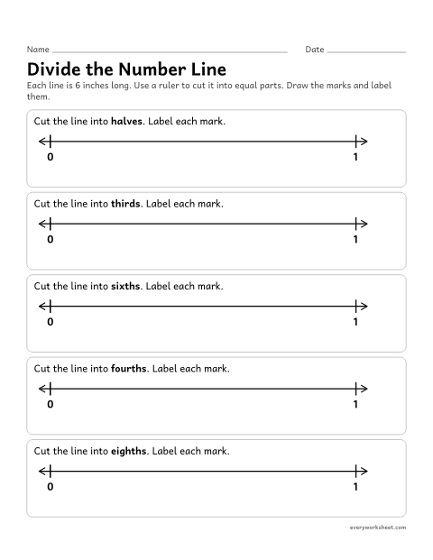 Preview of the printable “Divide the number line” worksheet: using a ruler to cut 0 to 1 into equal parts and label each mark as a fraction