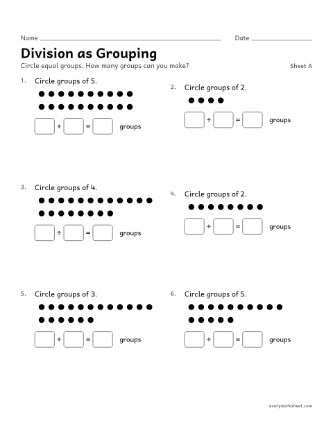 Preview of the printable “Division as Grouping, sheet A” worksheet: dividing by making equal groups