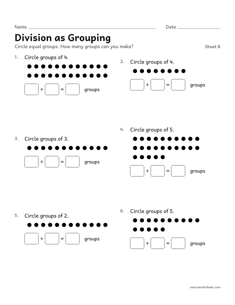 Preview of the printable “Division as Grouping, sheet B” worksheet: dividing by making equal groups