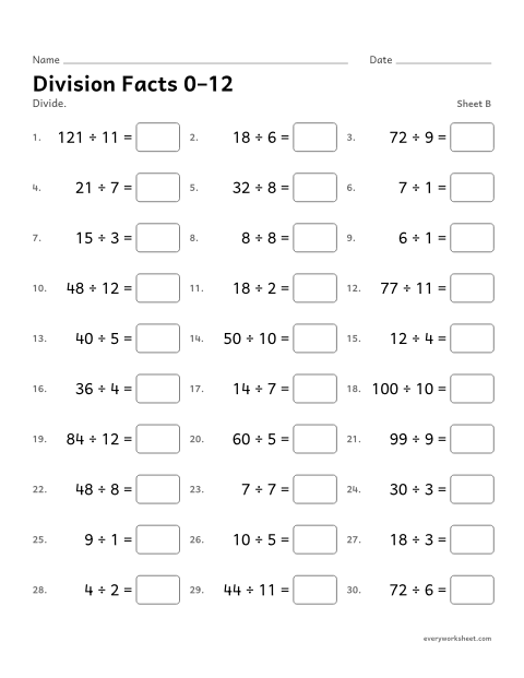 Preview of the printable “Division facts 0–12, sheet B” worksheet: division facts with the 11s and 12s