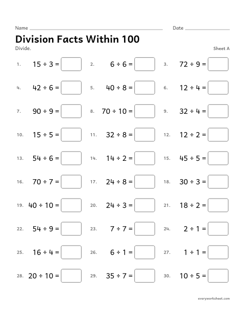 Preview of the printable “Division facts within 100, sheet A” worksheet: division facts within 100