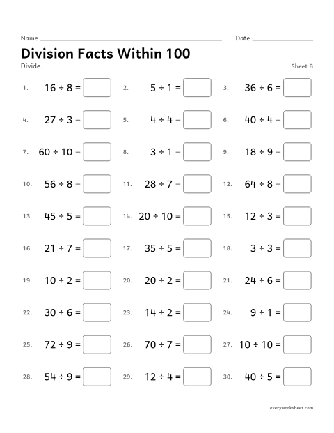 Preview of the printable “Division facts within 100, sheet B” worksheet: division facts within 100