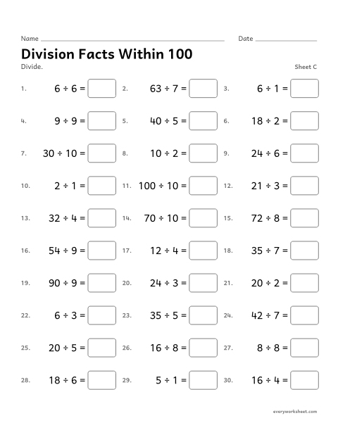 Preview of the printable “Division facts within 100, sheet C” worksheet: division facts within 100