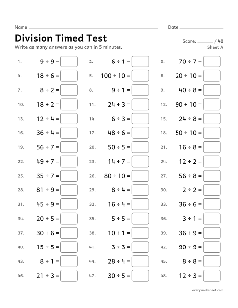 Preview of the printable “Division timed Test, sheet A” worksheet: division facts within 100 from memory