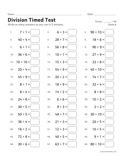 Preview of the printable “Division timed Test, sheet B” worksheet: division facts within 100 from memory