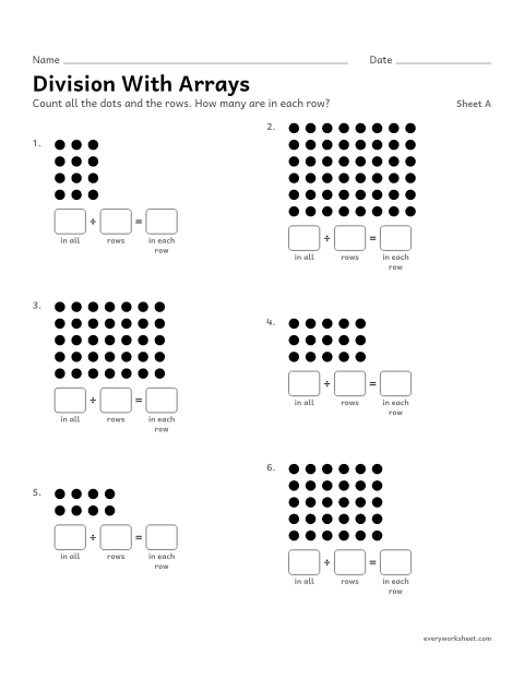 Preview of the printable “Division with Arrays, sheet A” worksheet: using arrays to divide