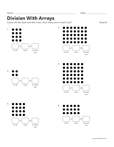 Preview of the printable “Division with Arrays, sheet B” worksheet: using arrays to divide