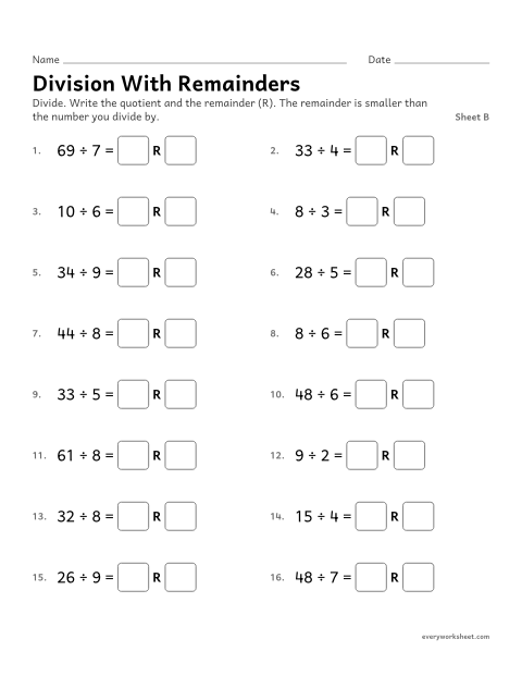 Preview of the printable “Division with Remainders, sheet B” worksheet: dividing with a remainder (extension)