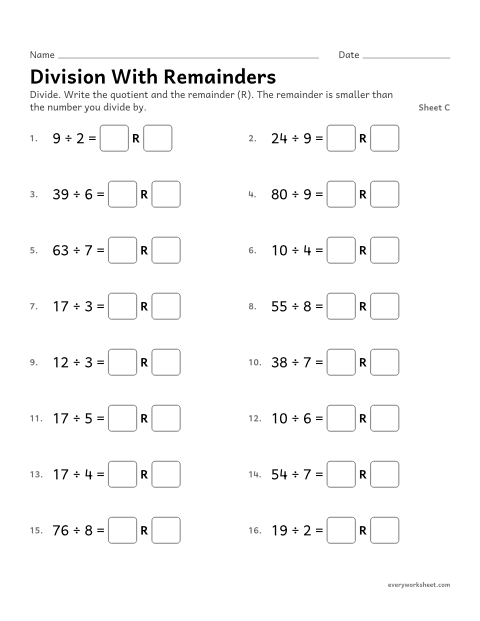 Preview of the printable “Division with Remainders, sheet C” worksheet: dividing with a remainder (extension)
