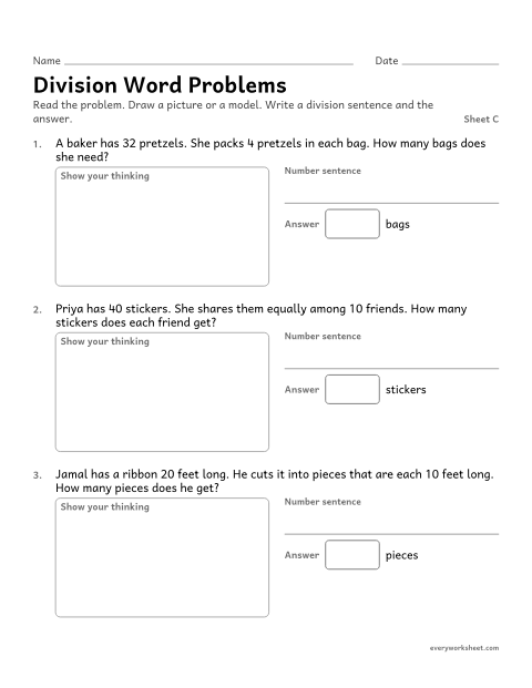 Preview of the printable “Division word Problems, sheet C” worksheet: solving division word problems within 100