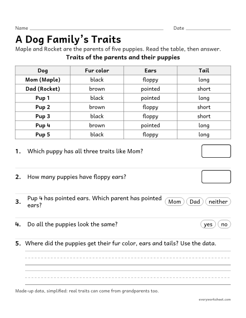 Preview of the printable “Inherited traits Data: A dog family” worksheet: analyzing data to show that young inherit traits from parents and that siblings vary