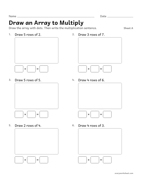 Preview of the printable “Draw an array to Multiply, sheet A” worksheet: drawing arrays to show multiplication