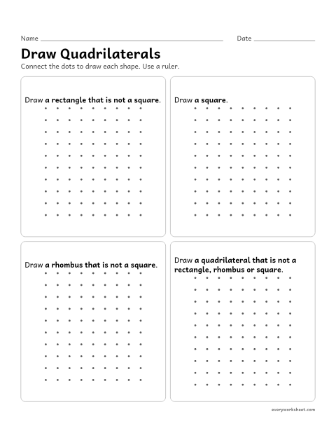 Preview of the printable “Draw quadrilaterals” worksheet: drawing rectangles, rhombuses, squares and quadrilaterals that are none of these on dot paper