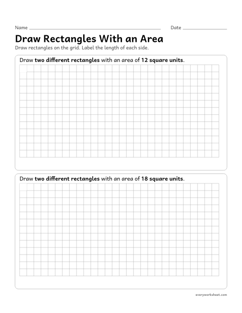 Preview of the printable “Draw rectangles with an area” worksheet: drawing different rectangles with the same area on grid paper and labeling the sides