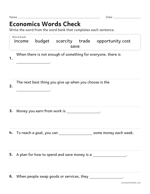 Preview of the printable “Economics vocabulary fill in the blank” worksheet: using economics vocabulary in context