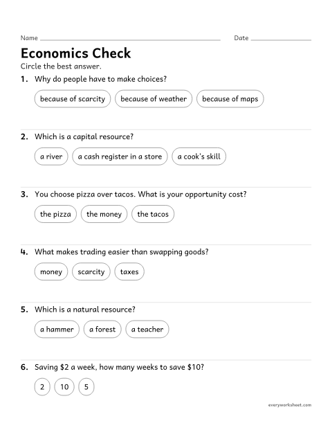 Preview of the printable “Economics quiz for 3rd grade” worksheet: reviewing scarcity, choices, opportunity cost, resources and money