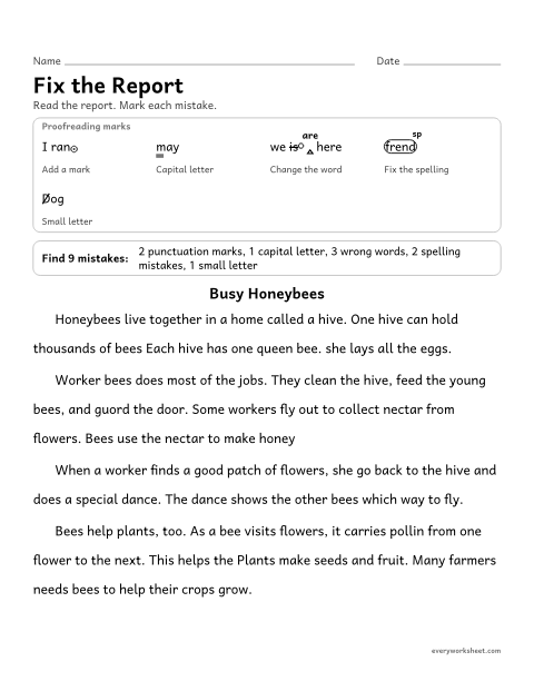 Preview of the printable “Fix the report” worksheet: proofreading a short report for subject-verb agreement, capitals, end marks, small letters, and spelling