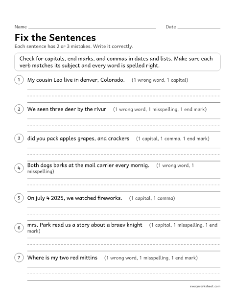 Preview of the printable “Fix the sentences” worksheet: editing sentences for capitals, end marks, commas, spelling, and verb forms