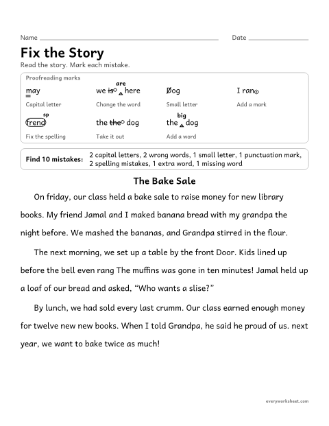 Preview of the printable “Fix the story” worksheet: proofreading a story for capitals, small letters, end marks, spelling, verbs, and extra or missing words