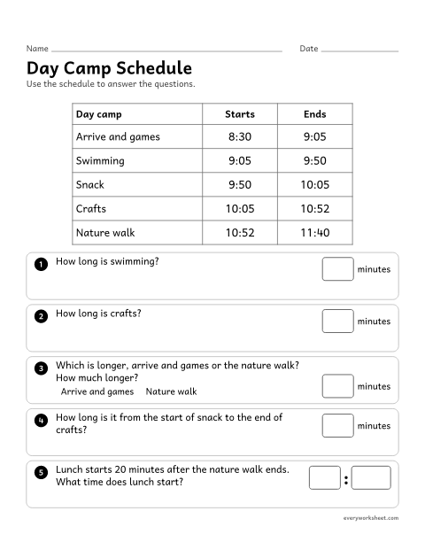 Preview of the printable “Day camp schedule” worksheet: reading a schedule to find how long activities last and when the next one starts