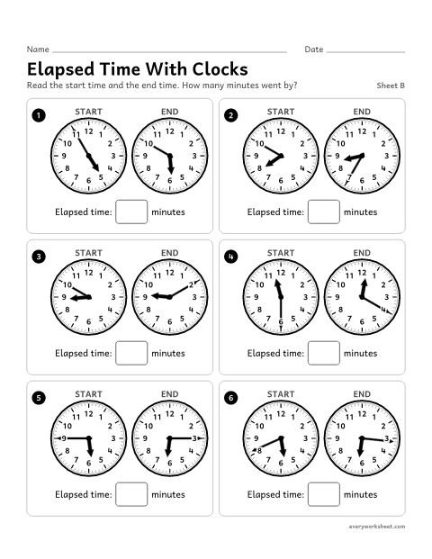 Preview of the printable “Elapsed time with Clocks, sheet B” worksheet: finding elapsed time in minutes between two clocks across the hour