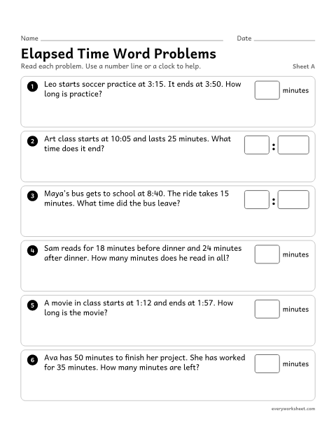 Preview of the printable “Elapsed time word Problems, sheet A” worksheet: solving elapsed time word problems within the hour by adding and subtracting minutes
