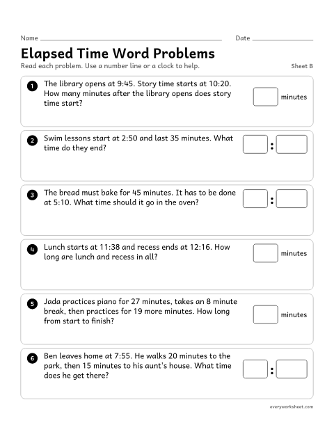 Preview of the printable “Elapsed time word Problems, sheet B” worksheet: solving elapsed time word problems that cross the hour