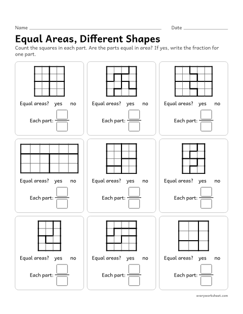 Preview of the printable “Equal Areas, different shapes” worksheet: counting squares to see whether parts have equal areas and naming each equal part as a unit fraction
