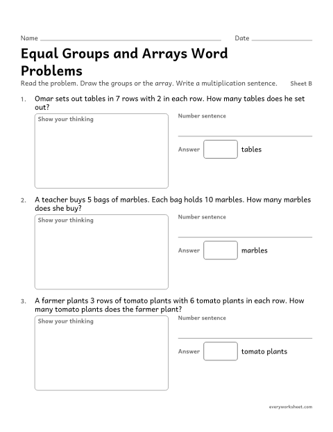 Preview of the printable “Equal groups and arrays word Problems, sheet B” worksheet: solving equal groups and array word problems