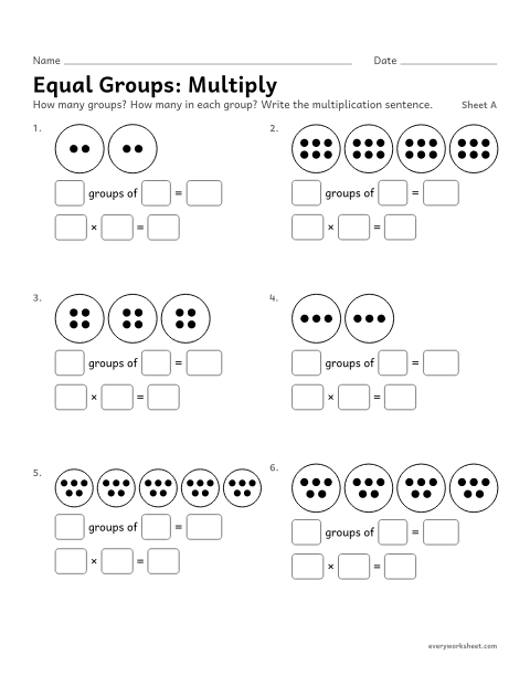 Preview of the printable “Equal Groups: Multiply, sheet A” worksheet: multiplying equal groups