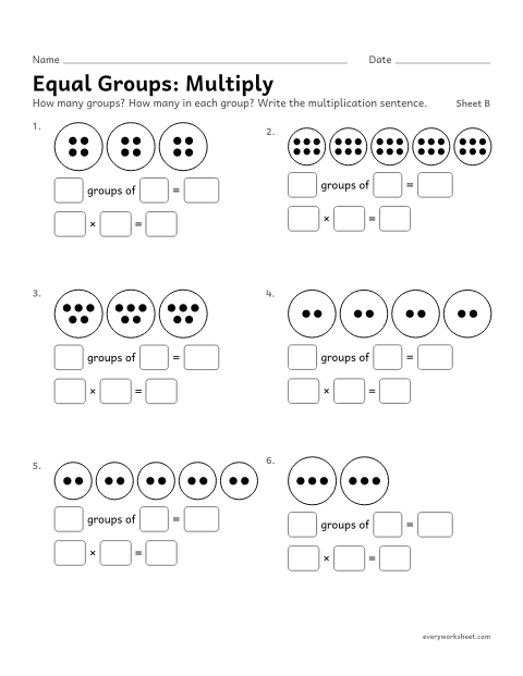 Preview of the printable “Equal Groups: Multiply, sheet B” worksheet: multiplying equal groups