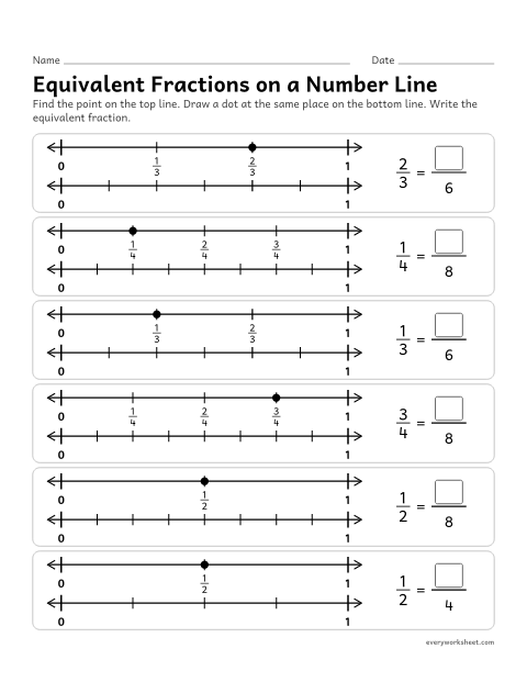 Preview of the printable “Equivalent fractions on a number line” worksheet: finding the point on a second number line at the same place and naming the equivalent fraction