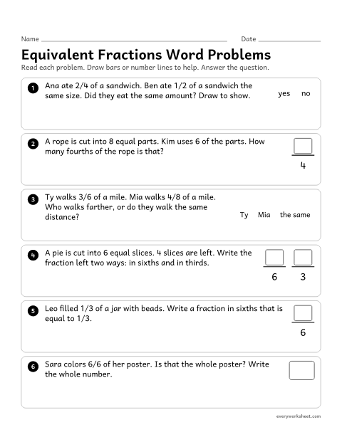 Preview of the printable “Equivalent fractions word problems” worksheet: solving word problems with equivalent fractions using drawings