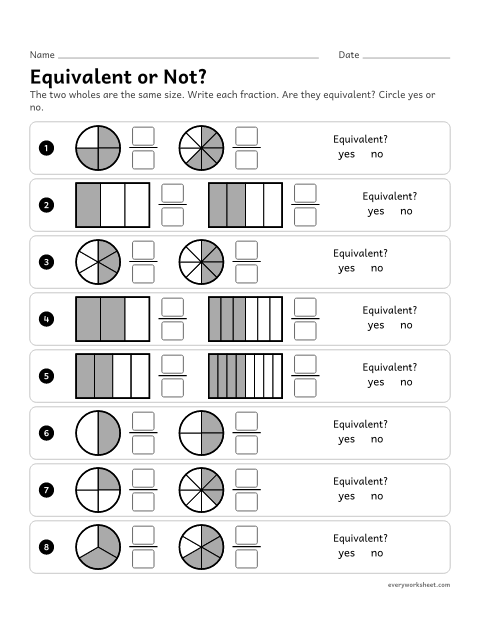 Preview of the printable “Equivalent or Not?” worksheet: writing the fraction for each of two same-size wholes and deciding whether they are equivalent